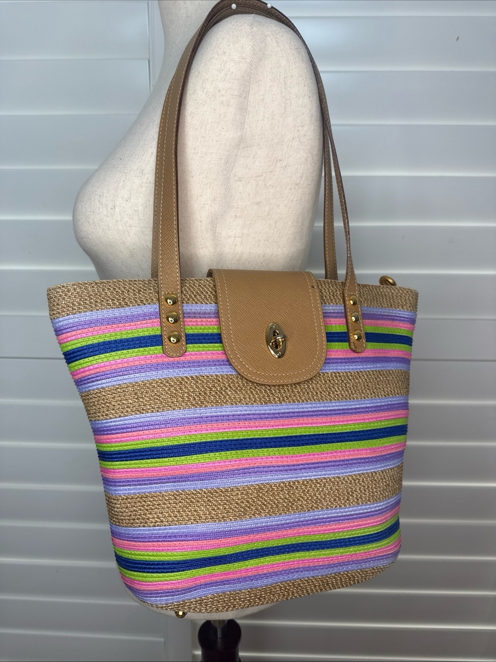 Eric Javits Multicolor Stripe Straw Tote with Tan Trim